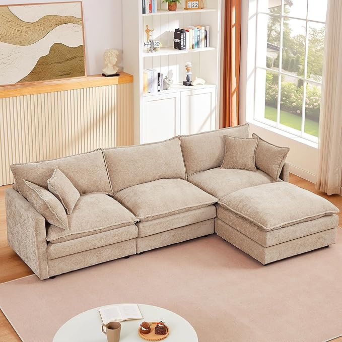 102 L-Shaped Sofa for Living RoomModular Sectional Cloud Sofa Couch with OttomanModern Chenille 3 Seater Sofas with Deep SeatSmall L Shaped Couches for Bedroom (Light Coffee 102)