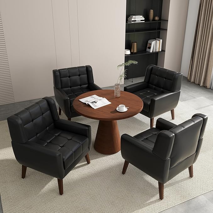 Accent Chair Comfy Mid Century Modern Small Armchairs with Solid Wood Frame and Soft Cushion for Living Room Bedroom (Faux Leather Black Set of 1)