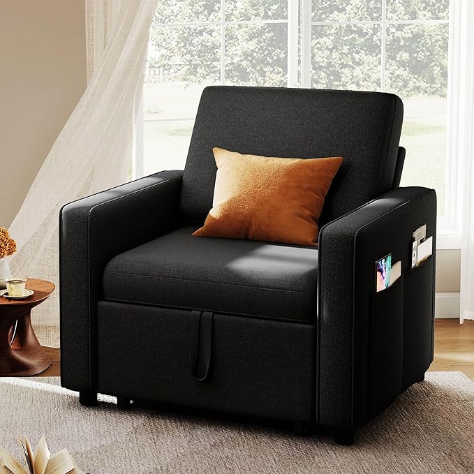 YITAHOME Convertible Sofa Chair Bed 3-in-1 Sleeper Sofa with Pull-Out Bed Linen Fabric Single Sleeper Chair with Reclining Backrest and Wide Armrest Modern Lounge Sofa for Small Space Black
