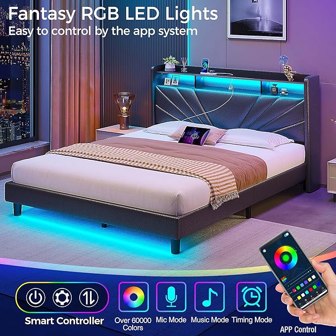 Rolanstar Queen Size Bed Frame Storage Headboard with Charging Station and LED Lights Upholstered Bed with Heavy Duty Wood Slats No Box Spring Needed Noise Free Easy Assembly Black