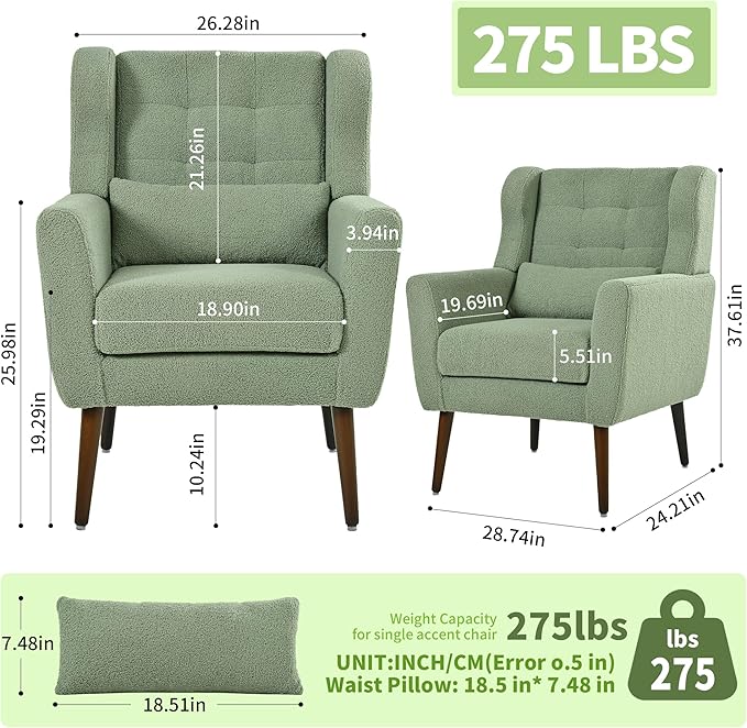 Accent Chair Set of 2 Upholstered Armchair with Pillow Teddy Single Sofa Chair with Lounge Seat and Wood Legs for Living Room Small Spaces