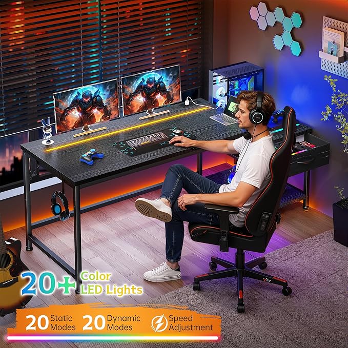 56 Inch Gaming Desk with Drawers and ShelfReversible Computer Desk with LED Lights and Power OutletsStudy Table with Hooks for HeadphoneBagsBlack Desk Work Desk for BedroomDorm