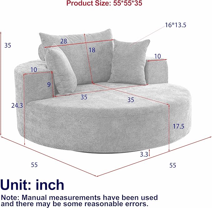 Ball &amp Cast 55 Oversized 360 Degree Swivel Accent Chair Modern Chenille Single Sofa Sleeper with Wide Armrest and Pillows Round Lounger Chair for Living Room BedroomProjection Room Green