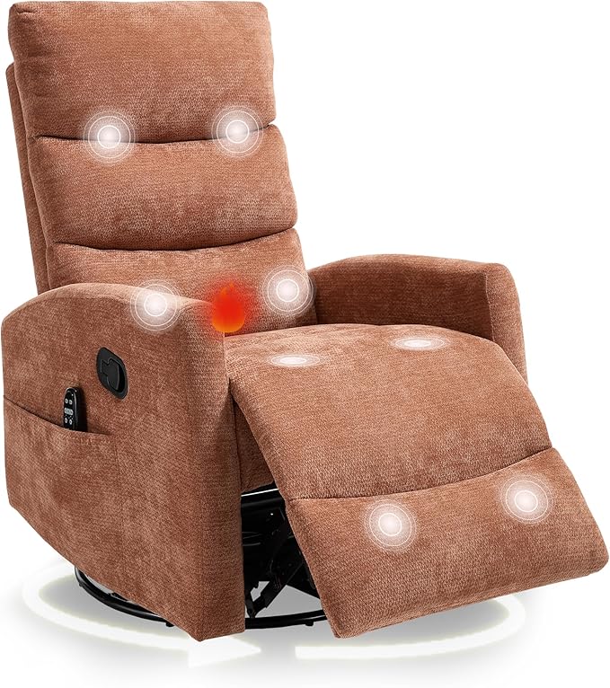 cinkehome Small Swivel Rocker Recliner Chair with Heated Massage Upholstered Nursery Glider Recliner Chair High Back Side Pocket (Orange Chenille Fabric)