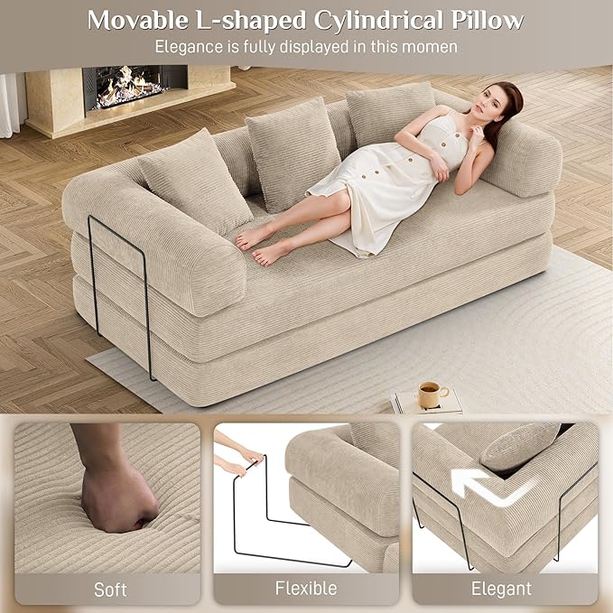Convertible Sofa Bed Corduroy Memory Foam Compression Sofa Modular Floor Sofa with Pull-Out Bed Compressed Couch in Box Folding Sleeper Couches Bed for Living Room Bedroom Lounge Light Brown