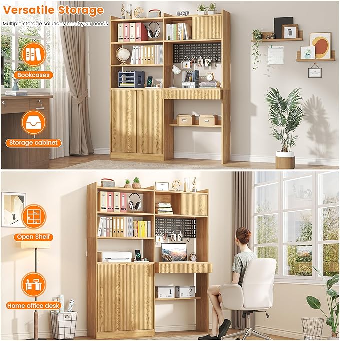 63 Tall Computer Desk with Hutch Fluted Wood Home Office Desk with Charging Station Drawer &amp Storage Cabinet Oak Workstation for Work &amp Study