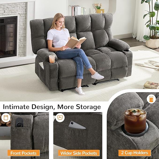 Oversized Loveseat Recliner Sofa Big Large Reclining Sofa with Cup Holders &amp Side Pockets Traditional 2-Seater Manual Recliner Couch for Living Room RV Home Theater Double Recliner (FabricGr