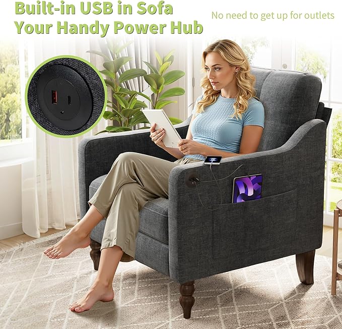 Accent Chair for Living Room Mid-Century Armchairs for Small Spaces Chenille Upholstered Comfy Reading Armchair with Studded for Bedroom (Dark Grey-B)