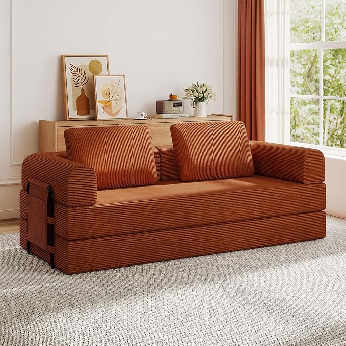 Convertible Sleeper Sofa Bed 3-Seat Corduroy Futon Couch with Cylindrical Pillow Foldable Mattress for Living Room &amp Bedroom 79 Inch Multi-Functional Sofa (Orange)