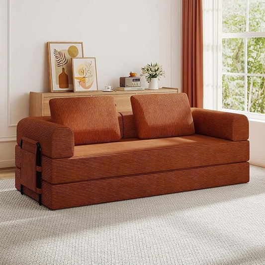 Convertible Sleeper Sofa Bed 3-Seat Corduroy Futon Couch with Cylindrical Pillow Foldable Mattress for Living Room &amp Bedroom 79 Inch Multi-Functional Sofa (Orange)