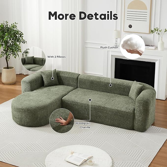 Oversized Sectional Sofa with Chaise with 2 Throw Pillows 109 Modern Luxury Chenille Sofa Extra Wide Seat L-Shape Curved Cloud Couch for Living Room (Left Chaise Green)