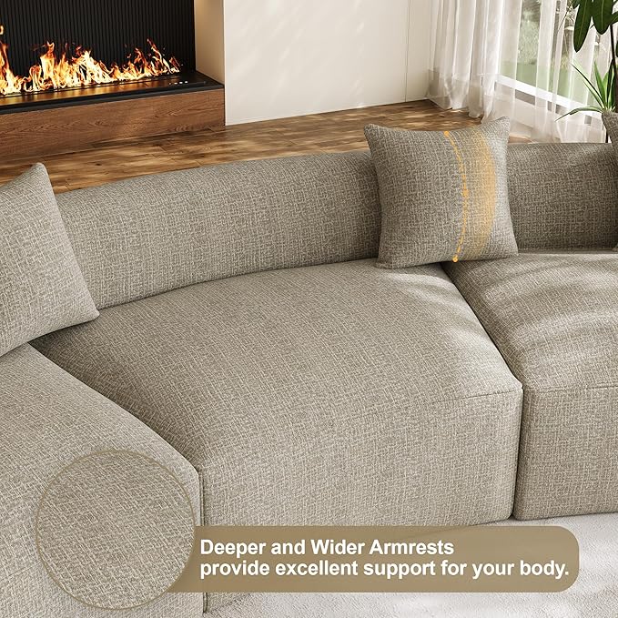 134 Oversized Sectional Sofa for Living Room Modern Luxury Plush Chenille 4-Seater Extra Deep &amp Wide Seat Curved Cloud Couch with 5 Throw Pillows No Assembly Needed Light Brown