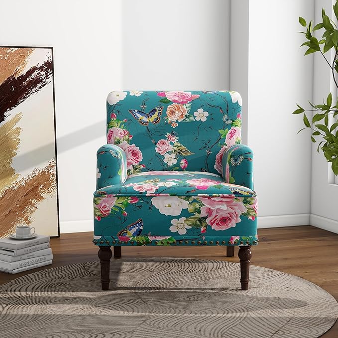 Accent Chair Mid Century Modern Comfy Armchair for Living Room Linen Fabric Single Sofa Lounge for Reading Bedroom Apartment Waiting Room with Wood Legs (Floral Set of 2)