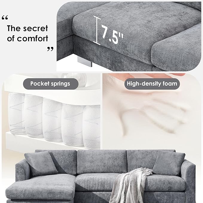 Deep Seat Oversized L Shaped Modular Sectional Sofa with Extra Wide Chaise 4 Seater Cloud Lounge Sofa Corner Couch with Metal Legs and Detachable Cushions for Living Room Apartment Chenille Fabric