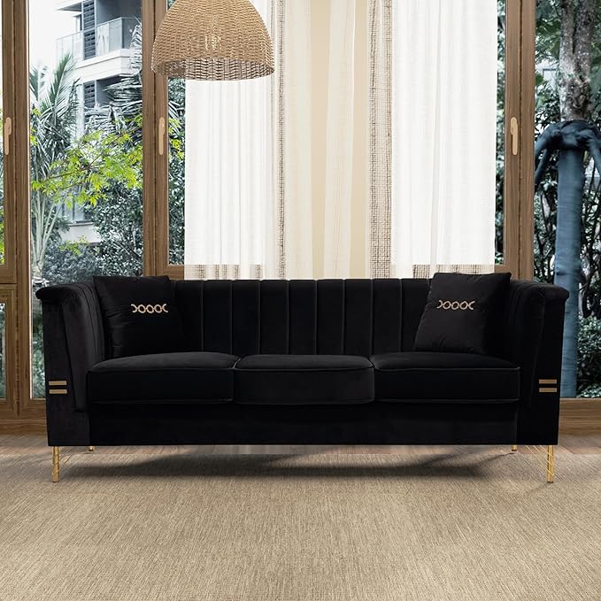 2 Piece 84'' L Modern 3 Seater Black Velvet Sofa Couches with Metal Gold Legs for Living Room Mid Century Classic Tufted Chesterfield Sofa Set for Apartment Office Home