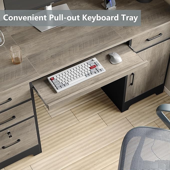 59” Executive Desk with 3 Drawers Computer Desk with Storage Cabinet Industrial Wood Desk with File Drawer Keyboard Tray &amp Power Outlets for Home Office Gray