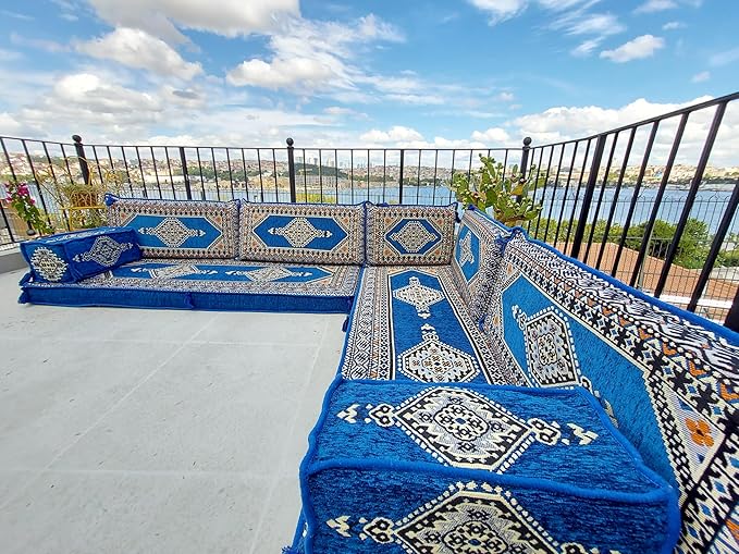 arabicsofa U Shaped Arabic Sofa Set – Royal Blue Modular Floor Seating for Guest Room
