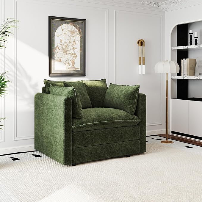 Aoowow Single Deep Seat Sofa Comfy Chenille CouchModern Upholstered Accent Armchair with Pillow for Living Room Bedroom Apartment(Green)