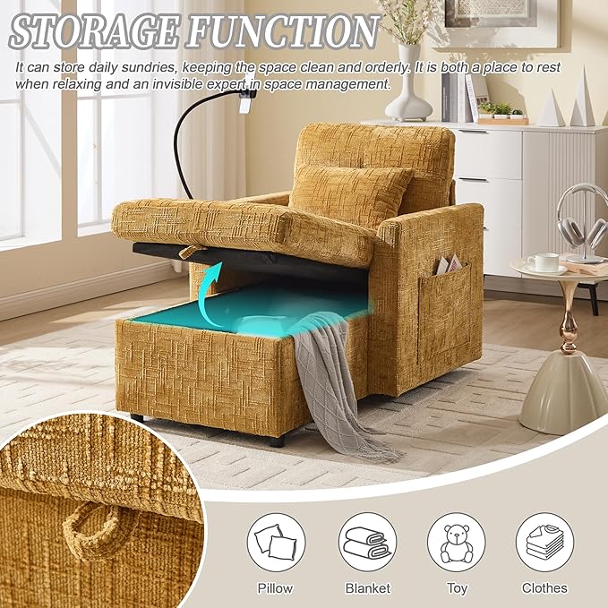 Oversized Multifunctional Recliner Chair with Phone Holder Chenille Ergonomic Lazy Boy Recliner Chair with Storage Backrest Swivel Rocking Chair for Living Room (Mustard Yellow)