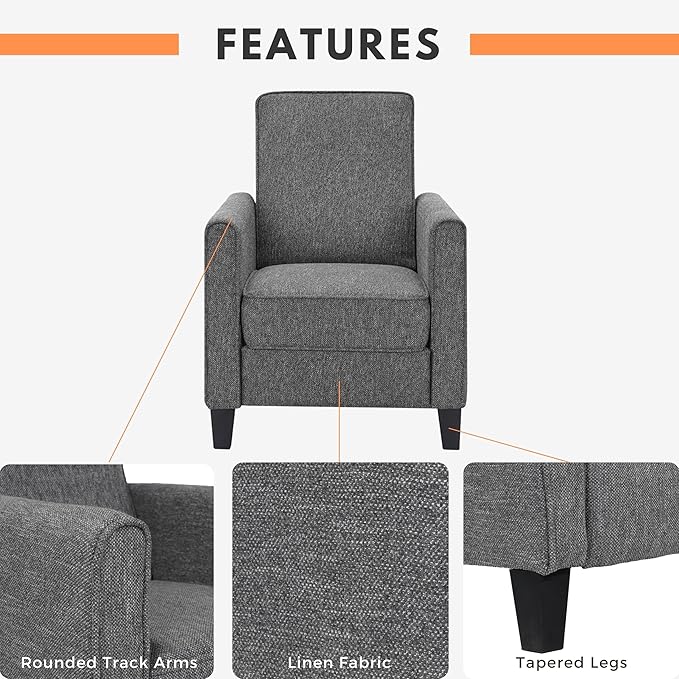 24/7 Shop at Home Mulvane Modern Recliner Chair with Push Back &amp Foot Rest Single Couch with Fabric Upholstered &amp Plastic Legs Sofa Reclinable Individual for Bedroom Living Room Home Offic