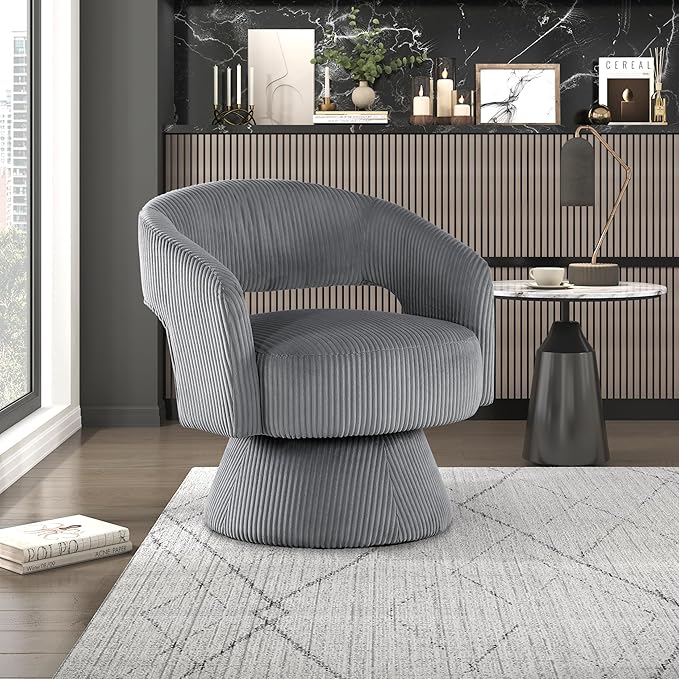 Lexicon 360 Degree Swivel Accent Chair Modern Comfy Corduroy Round Barrel Chair Open Back Plush Foam Cushions Metal Swivel Base for Living Room/Bedroom/Office Dark Gray