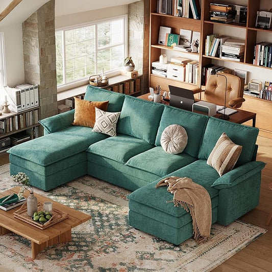 LINSY HOME Modular Sectional Couches for Living Room U-Shaped Cloud Couch Sectional Sofa with Chenille Fabric Modern 4-Seat Sofas with Double Chaise for Apartment (Green)