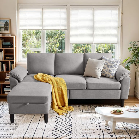 Convertible Sectional Sofa 79 Modern L Shaped Couch Linen Upholstered 3 Seat Sofa with Reversible Chaise Couches for Living Room Apartment Light Grey