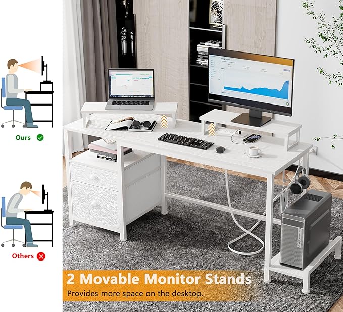 Furologee 47 Computer Desk with File Cabinet and Power Outlets Home Office Desk with 2 Monitor Stands and Storage Drawer Writing Gaming Table with Shelves and 2 Hooks for Bedroom White