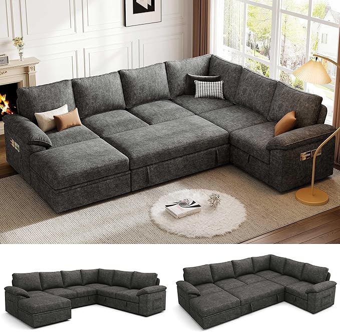 108 Inch Sectional Sleeper Sofa with Pull Out Bed U Shaped 7 Seat Modular Sectional Sofa with Storage Sectional Couches for Living Room Cloud Modular CouchRemovable Sofa Cover Dark Grey