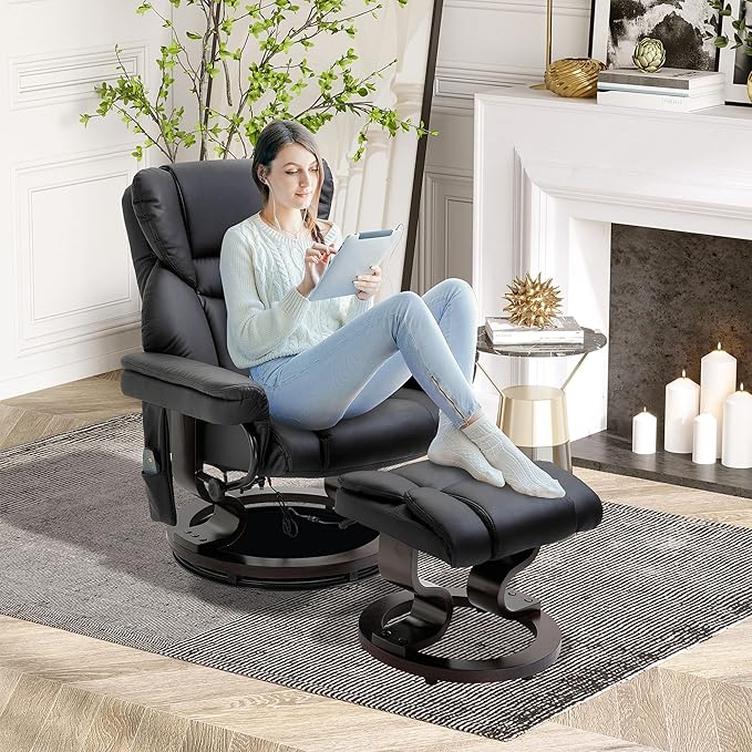 Massage Recliner Chair with Ottoman Footrest 10 Vibration Points 360° Swivel Reclining Chair Faux Leather Living Room Chair with Side Pocket and Remote Control Black