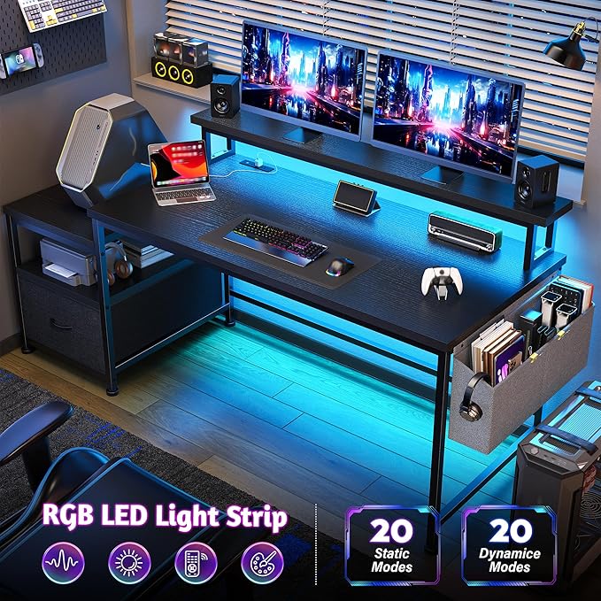 Gaming Desk with Monitor StandComputer Desk with LED Lights &ampPower OutletsOffice Desk with Drawers &amp Printer ShelfWriting Table with Side Storage Bag57 W x 20 D x 36 HBlack Desk