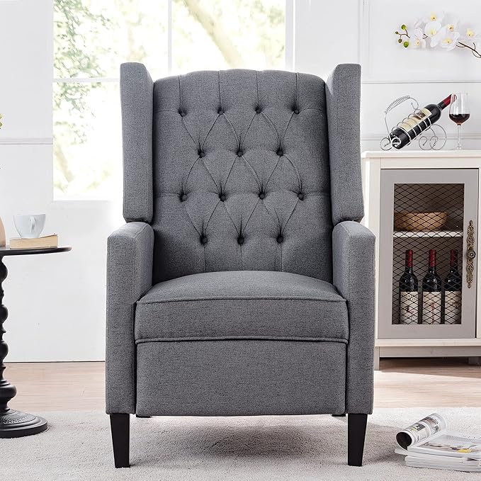 Pushback ReclinerComfortable Wingback Recliner Sofa Chair with Adjustable Backrest Tufted Fabric Upholstered ArmchairRetro Rivets Decorated Recliner for Living Room Bedroom Office Home (Grey)