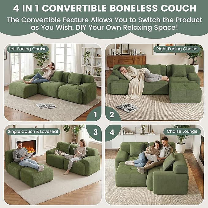 104 Boneless Couch with Ottoman Upholstered Flexible Modular Sectional Sofa Cloud Couch with Deep Seat &amp Pillows for Small Spaces Boneless Couches for Living Room No Assembly Required Green