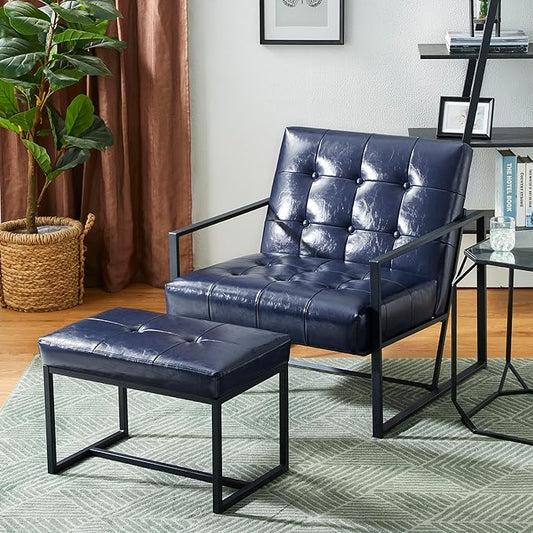 Glitzhome Accent Chairs with Ottoman Mid Century Modern Lounge Armchair with footrest with PU Leather &amp Metal Frame for Living Room Bedroom Apartment Office Navy Blue