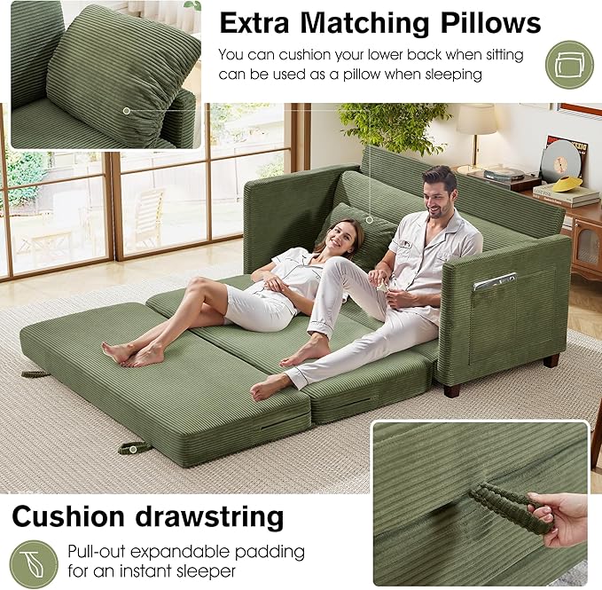 65 Loveseat Sleeper Sofa Bed Corduroy Convertible Sofa Bed for Small Spaces Folding Couch Bed with Deep Seat 2 Pillows &amp Solid Frame Pull Out Floor Couches for Living Room Green