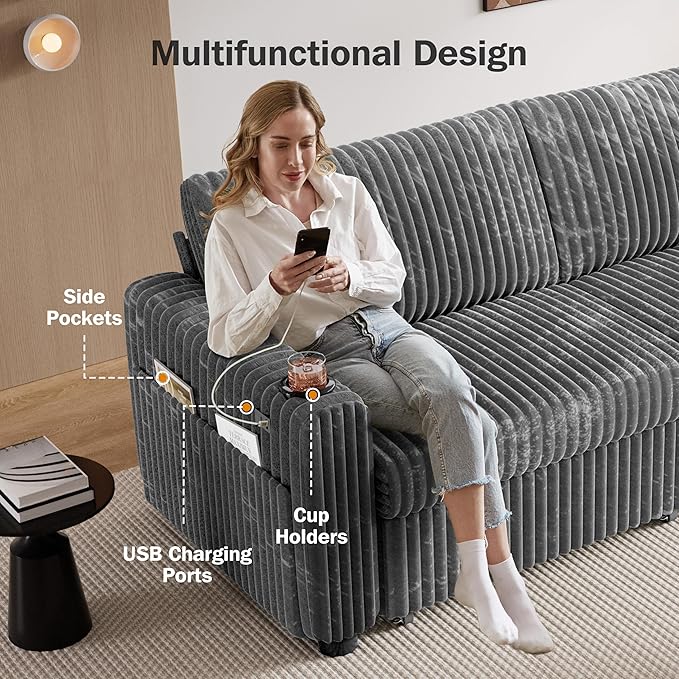 Sunny Heart 91 Plush Corduroy L Shaped Sectional Sleeper Sofa Bed with Pull Out Bed Reclining Backrest Reversible Storage Chaise USB Ports Cup Holders Tool Free Assembly Darke Grey