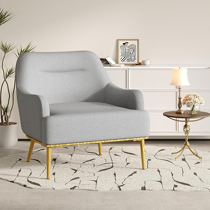Christopher Knight Home Justin Modern Accent Chair with Metal Legs Chenille Upholstered Lounge Chair Indoor Curved Backrest Armchair Soft Cushion Seating for Living Room Reading Home Light Gray