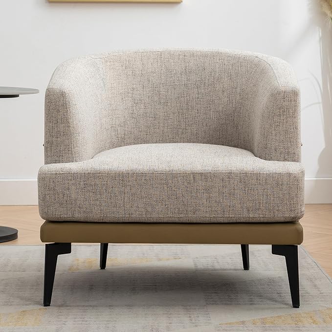 Modern Two-Tone Barrel Fabric Chair Upholstered Round Armchair for Living Room Bedroom Reading Room (Mustard Green)