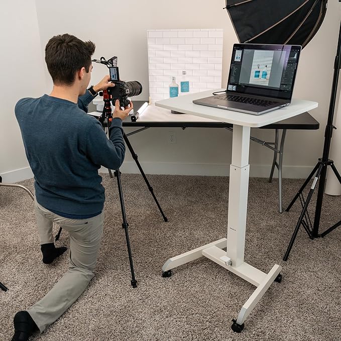 Mount-It! Adjustable Rolling Laptop Desk Mobile Standing Desk with Wheels Small Sit-Stand Computer Cart for Home Office or Classroom 29.6–44.2 Height 23.6x20.5 Desktop White