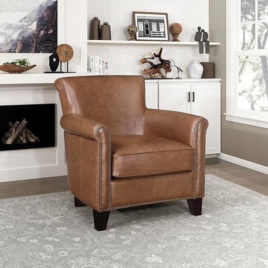 Lexicon 100% Top Grain Genuine Leather Chair Leather Accent Chairs for Living Room Solid Wood Frame Rolled Armrest &amp Nailhead Trim Comfy Reading for Bedroom Office Waiting Room Brown