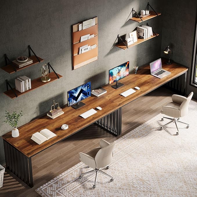 Tribesigns 2-Person Desk with Metal Frame 78.74 Double Desk for Two People Industrial Long Computer Writing Table for 2 People Home Office (Oak)
