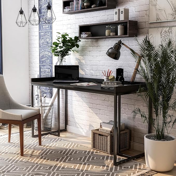 HOMES: Inside + Out Hermosa Industrial Geometric Base 59 in. Computer Desk with USB Ports and Outlet for Home Office Study Room Black