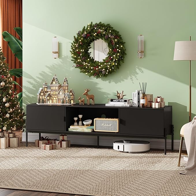 WLIVE TV Stand for 65 Inch TV Mid Century Modern Entainment Center with 2 Storage Cabinets &amp Open Shelf TV Console Table Media with Metal Legs for Living Room Bedroom Black