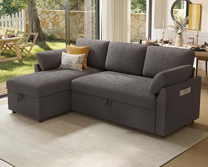 Jocisland Sofa Bed L Shaped Sleeper Sofa with Storage Chaise Pull Out Sofa for Living Room Guest Room Apartment Grey Boucle Couch