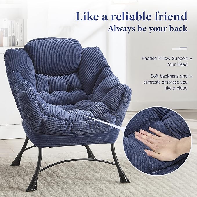 HOMEFUN Lazy Chair with Ottoman Bedroom Chairs for Adults Modern Lounge Accent Chair with Armrests Ergonomic Footrest for Small Spaces Comfy Reading Chair for Living Room Bedroom Office Navy