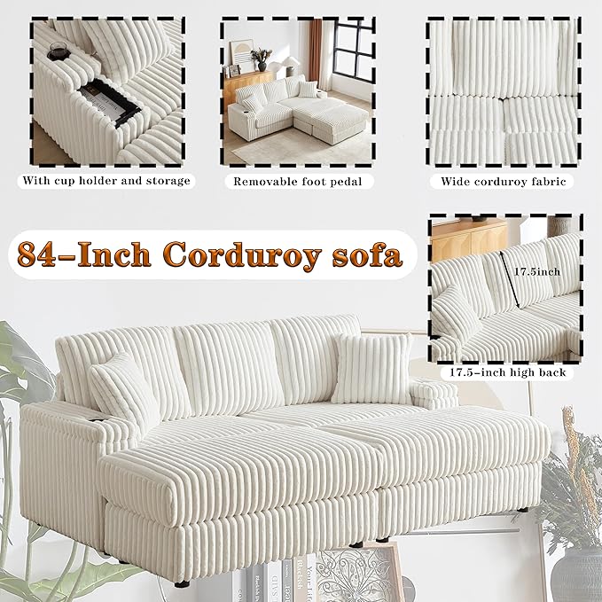 84Inch Corduroy 3-Seater Sofa with 3 Back Pillows2 toss Pillows a Ottoman2storage Spaces and Cup-Holding Grooves Comfy Sofa- Deep Seat Couch for Living RoomBeige
