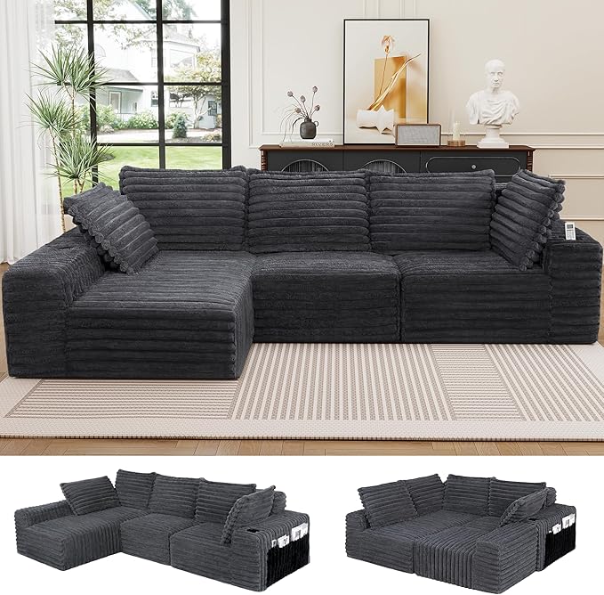 Cloud Boneless Sofa Oversized Modular Sectional L-Shape Sofa with Chaise High Backrest Corduroy Fabric Couch with USB Charging Ports Cup Holders &amp Pillows for Living Room (Light Grey)