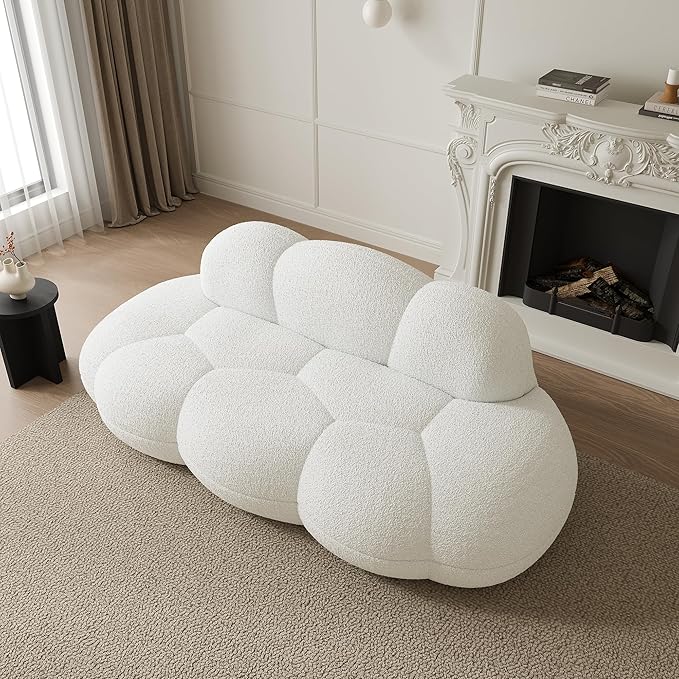 Cloud Shaped Floor Couches for Living Room 90 Curved Boucle Sofa Comfy Compressed Couch Deep Seat Loveseat Sofa for Bedroom Apartment Small Space (White)