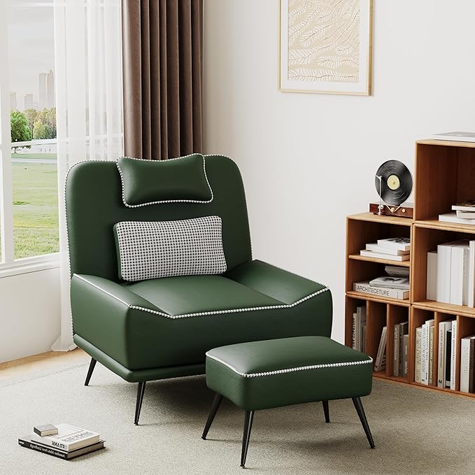 ALISH Modern Accent Chair with Ottoman Upholstered Chair and Ottoman Set Comfort Single Sofa Chair with Removeable Cushion for Living Room Bedroom(Green)