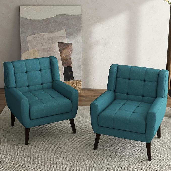 Accent Chairs Set of 2 Mid-Century Modern Upholstered Armchair Comfy Fabric Living Room Chairs Reading Chairs with Button Tufted Back &amp Solid Wood Legs for Bedroom Office Light Blue